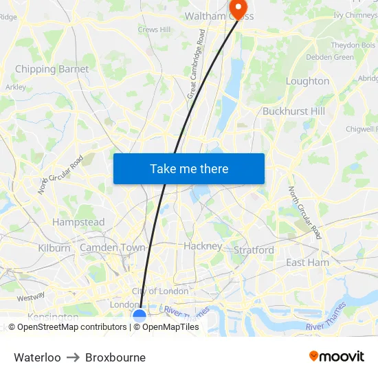 Waterloo to Broxbourne map