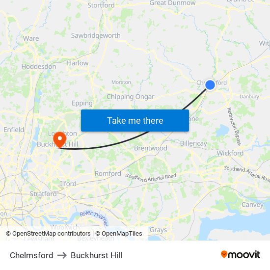 Chelmsford to Buckhurst Hill map