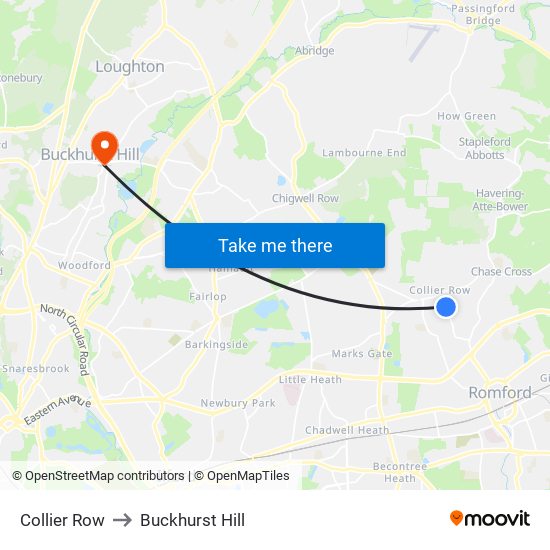 Collier Row to Buckhurst Hill map