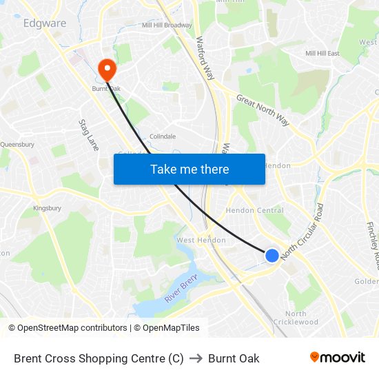 Brent Cross Shopping Centre (C) to Burnt Oak map