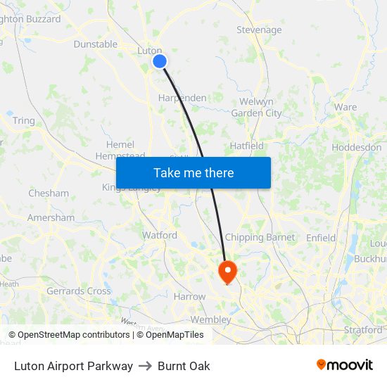 Luton Airport Parkway to Burnt Oak map