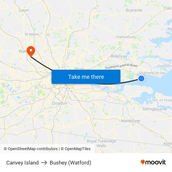 Canvey Island to Bushey (Watford) map