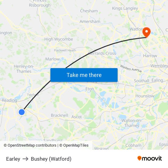 Earley to Bushey (Watford) map