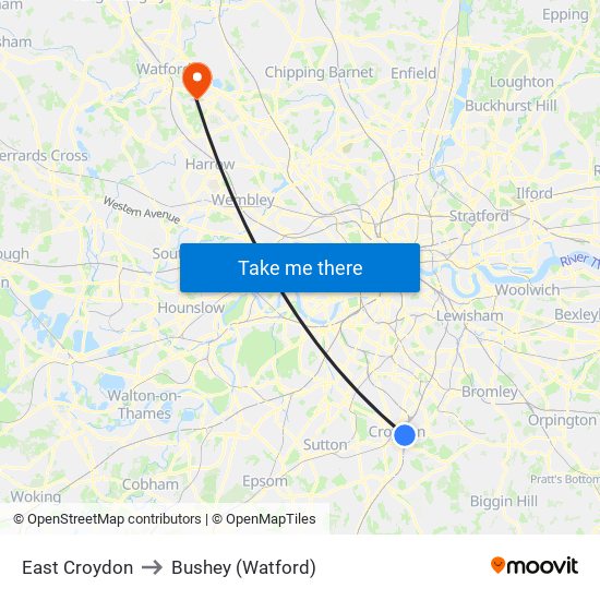 East Croydon to Bushey (Watford) map