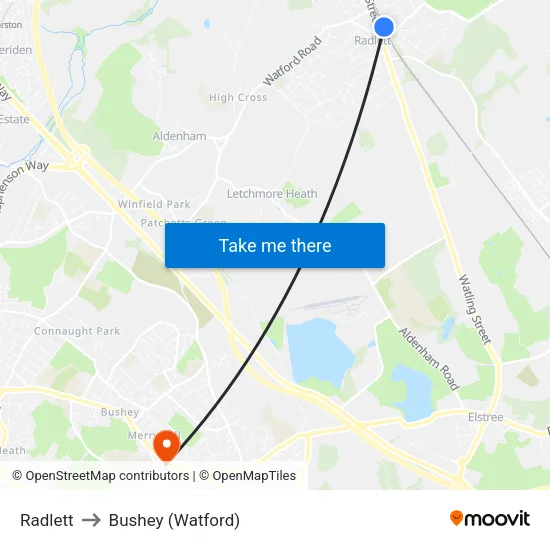 Radlett to Bushey (Watford) map