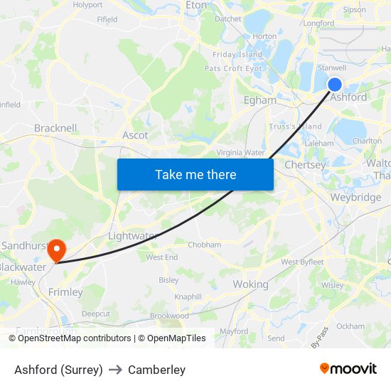 Ashford (Surrey) to Camberley map