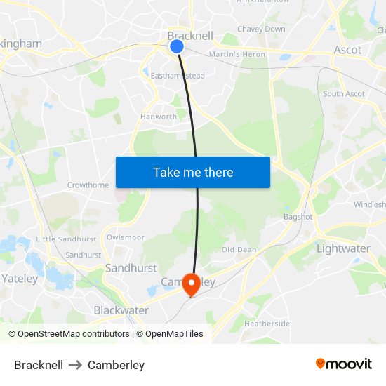 Bracknell to Camberley map