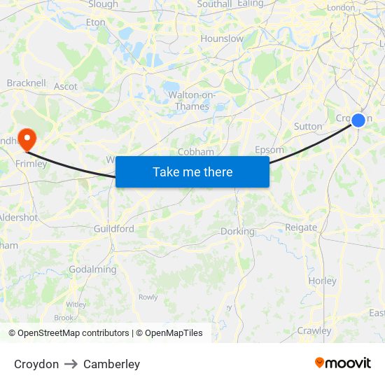 Croydon to Camberley map