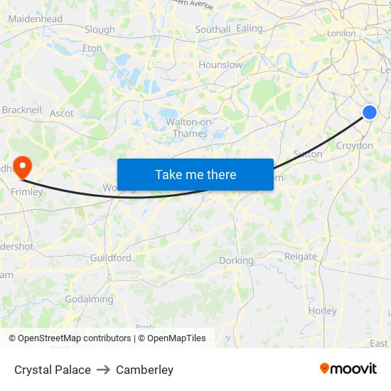 Crystal Palace to Camberley map