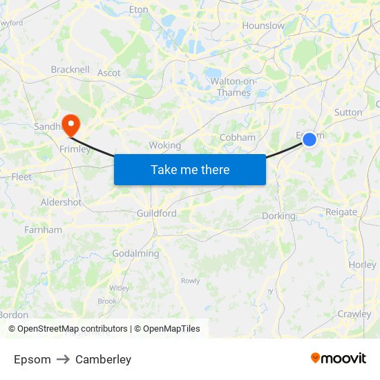 Epsom to Camberley map