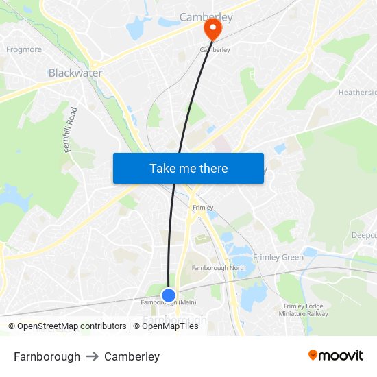 Farnborough to Camberley map