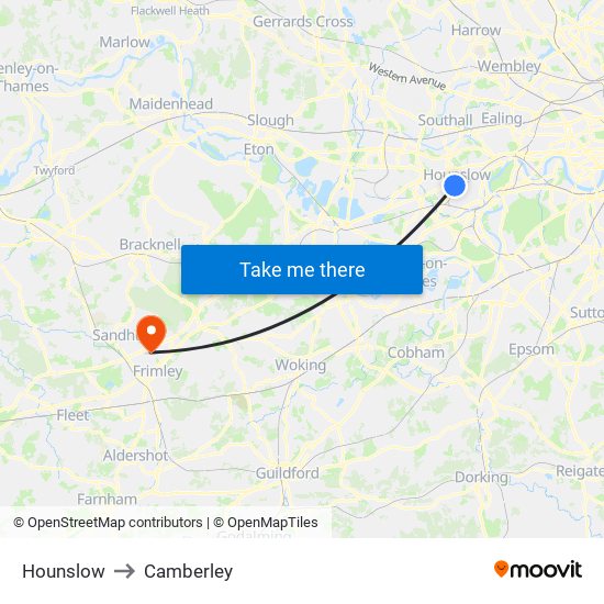 Hounslow to Camberley map