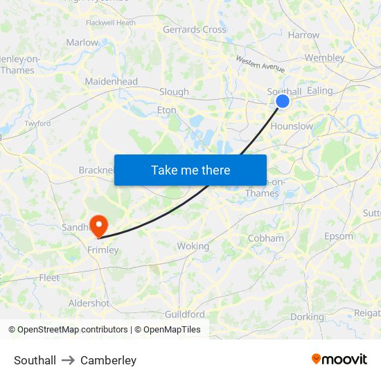 Southall to Camberley map