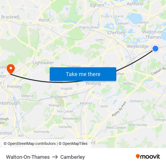 Walton-On-Thames to Camberley map