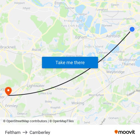 Feltham to Camberley map