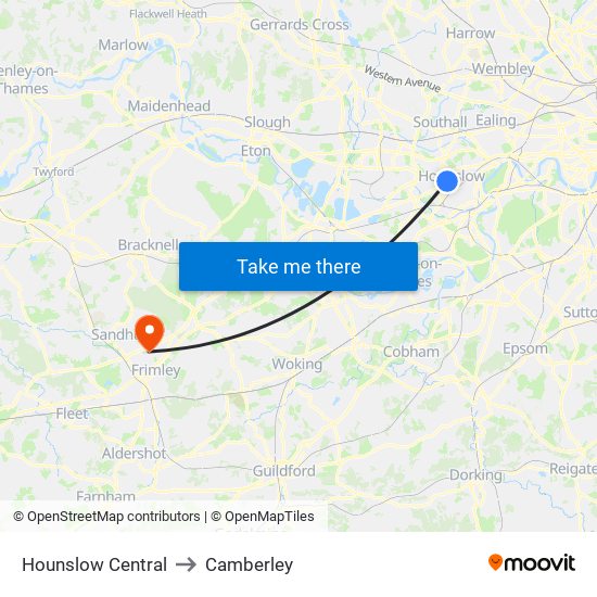 Hounslow Central to Camberley map