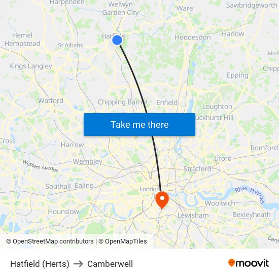 Hatfield (Herts) to Camberwell map