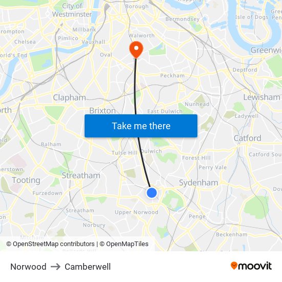 Norwood to Camberwell map