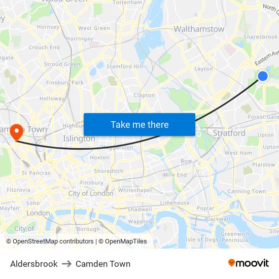 Aldersbrook to Camden Town map