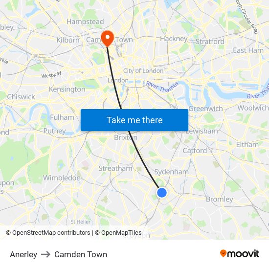 Anerley to Camden Town map