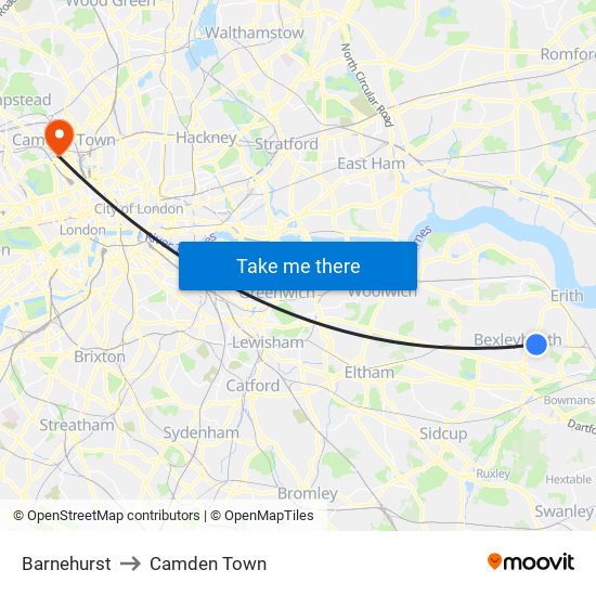 Barnehurst to Camden Town map