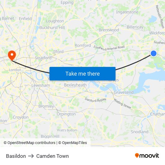 Basildon to Camden Town map
