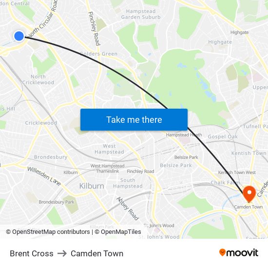 Brent Cross to Camden Town map