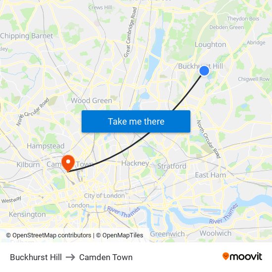 Buckhurst Hill to Camden Town map