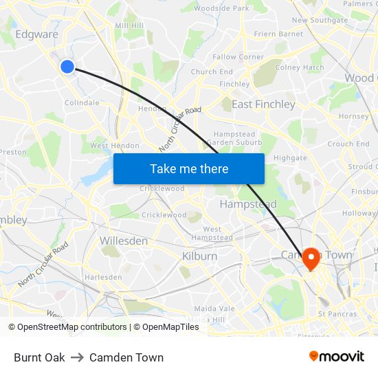 Burnt Oak to Camden Town map