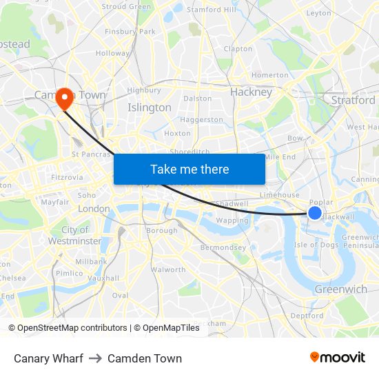 Canary Wharf to Camden Town map