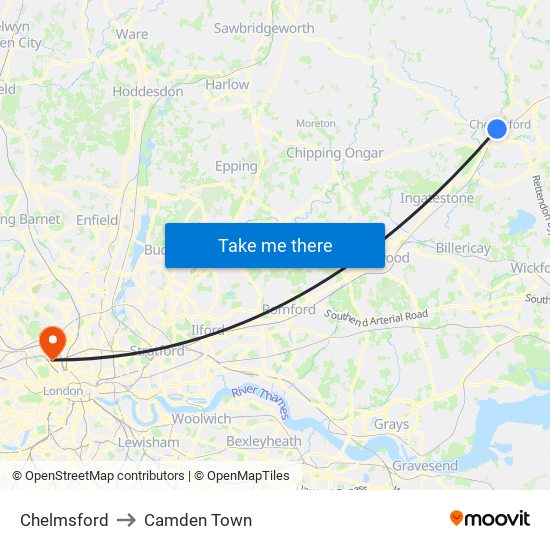 Chelmsford to Camden Town map