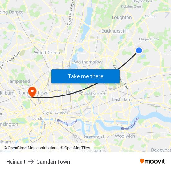 Hainault to Camden Town map