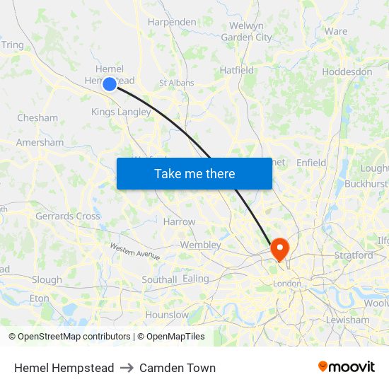 Hemel Hempstead to Camden Town map