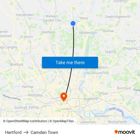 Hertford to Camden Town map