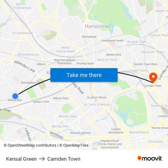 Kensal Green to Camden Town map