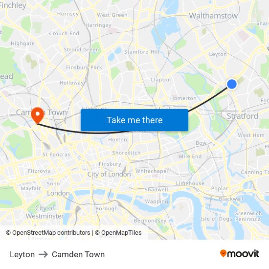 Leyton to Camden Town map