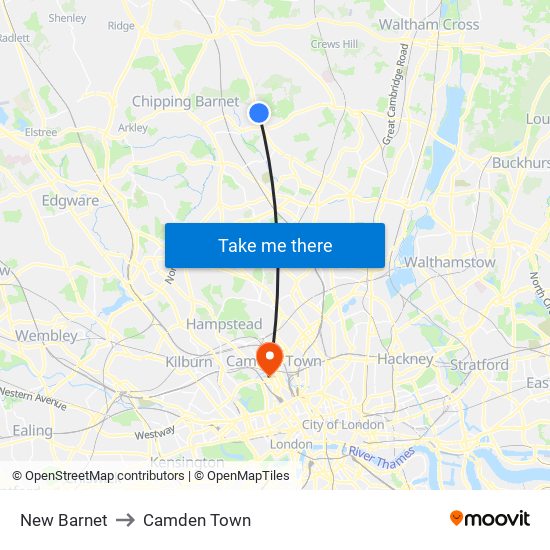 New Barnet to Camden Town map