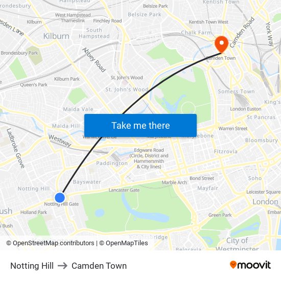 Notting Hill to Camden Town map