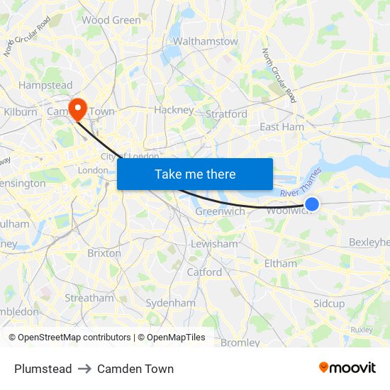 Plumstead to Camden Town map