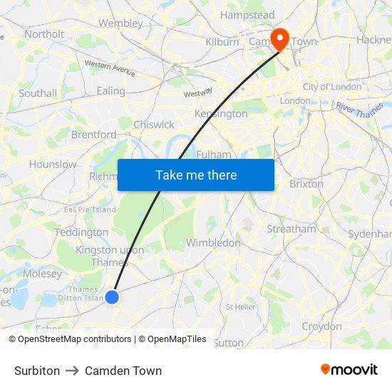 Surbiton to Camden Town map