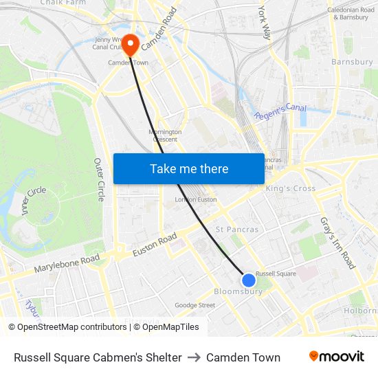 Russell Square Cabmen's Shelter to Camden Town map