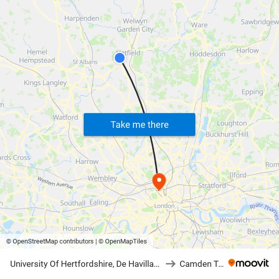 University Of Hertfordshire, De Havilland Campus to Camden Town map