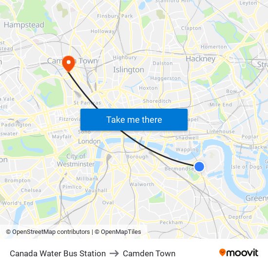 Canada Water Bus Station to Camden Town map