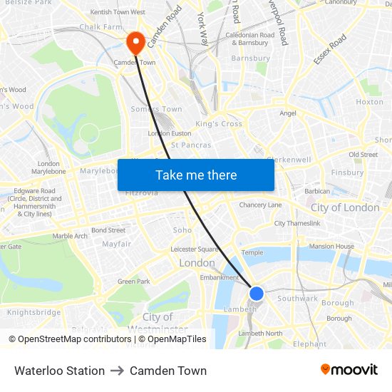 Waterloo Station to Camden Town map