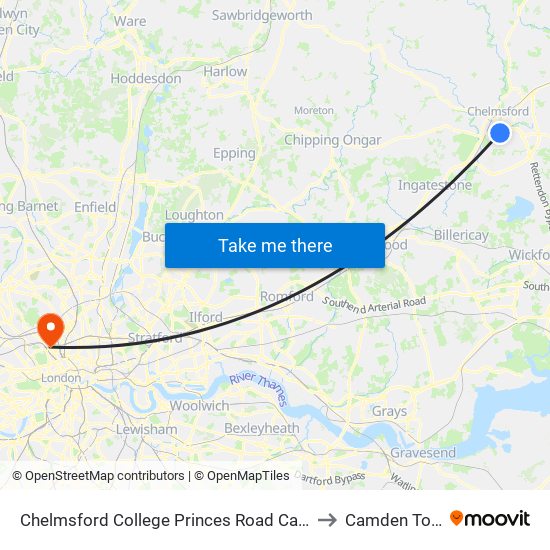 Chelmsford College Princes Road Campus to Camden Town map