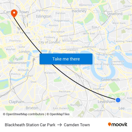 Blackheath Station Car Park to Camden Town map