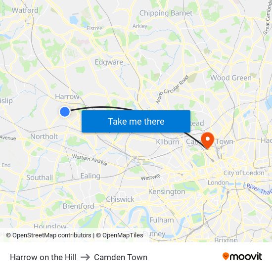 Harrow on the Hill to Camden Town map