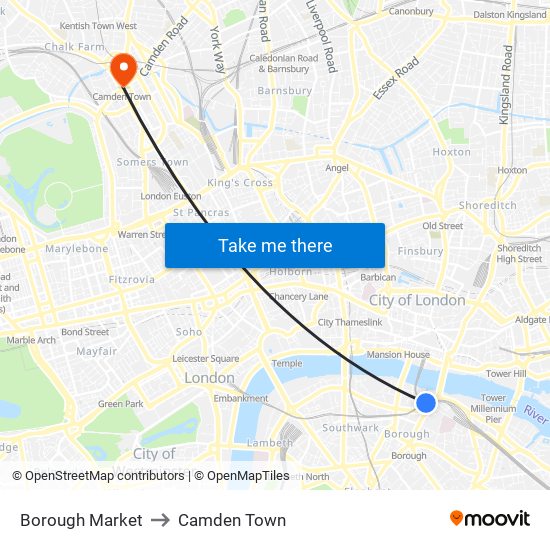 Borough Market to Camden Town map