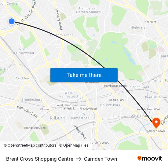 Brent Cross Shopping Centre to Camden Town map