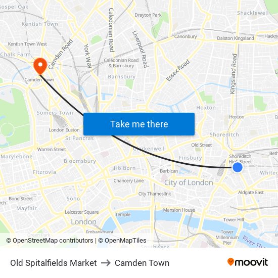 Old Spitalfields Market to Camden Town map